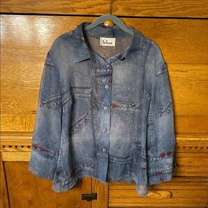 Selene Denim Print Sheer 3/4 Sleeve Button Up Collared Shirt Retro Vintage 80s